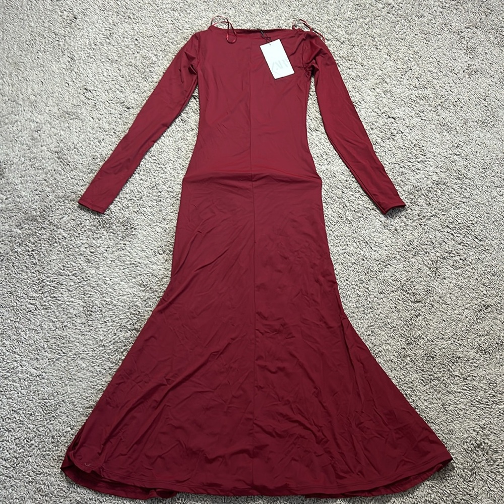 NWT ZARA LONG GODET DRESS - Dark red - Picture 8 of 12